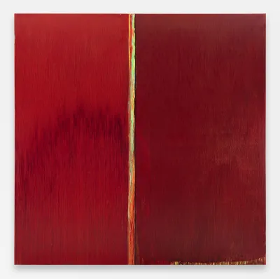 An abstract red painting with a line down the center.
