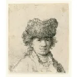 etching of a young man from the shoulders up wearing a hat