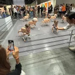 People looking at phones, looking at robots piggies with people faces.