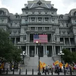 Vietnamese-American activists march outside Eisenhower Executive Office Building of the White House as U.S. President Barack Obama meets with General Secretary Nguyen Phu Trong of the Communist Party of Vietnam in the Oval Office July 7, 2015 in Washington, DC. The activists protested against the Community Party of Vietnam and called for human rights in the country. (Photo by Alex Wong/Getty Images)