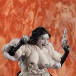 A woman with three breasts and a gun and oversized muscles winks at the camera against an orange-red backdrop.