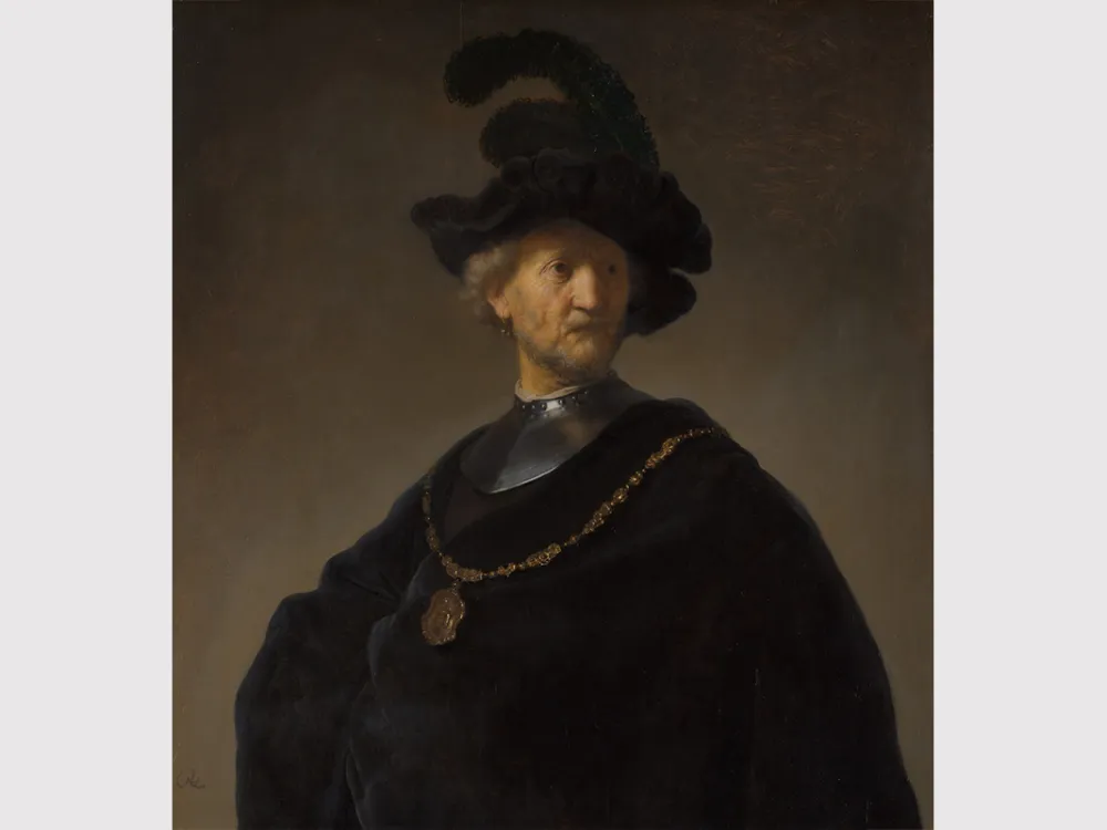 A portrait painting of a man in a black overcoat with a dramatic feathered hat and gold chain.