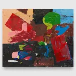 An abstract painting with thick, gestural brushwork featuring bold fields of red, black, peach, and blue. Overlapping forms suggest fragmented shapes — a green circular mass sits against a sky-blue patch in the upper right, while pink and red planes collide across the center and left. The lower half is dominated by dark tones with scattered hits of blue, chartreuse, and pink. The paint surface is heavily worked, with visible layering and scraping throughout.