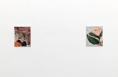 A painting of a rose next to a painting of two people kissing.