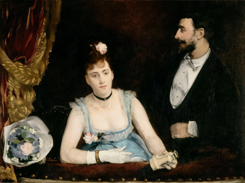 A painting of a woman leaning over a balcony while a man in a tuxedo looks at her.