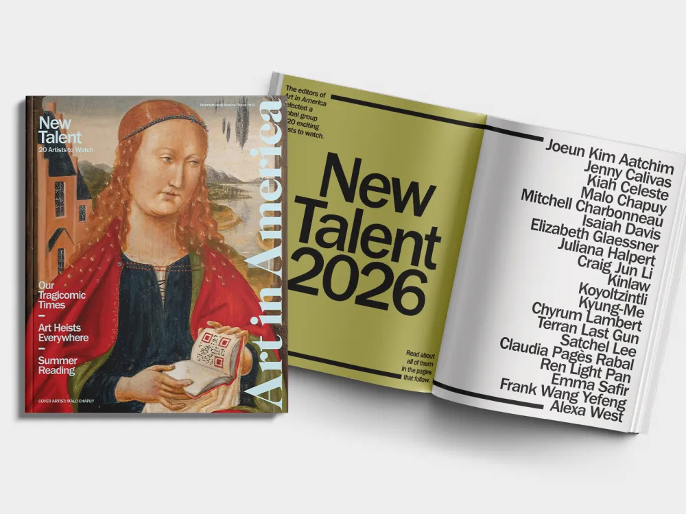 A magazine cover and a two-page spread listing 20 artists