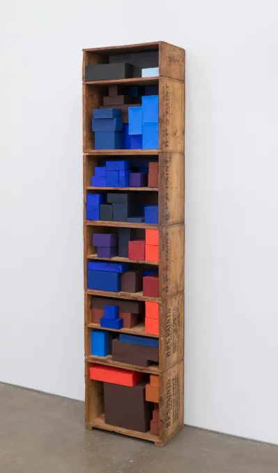 Nancy Shaver, Mostly blue, for E.G., 2020, wooden boxes, cardboard boxes, paper, Flashe acrylic, 76 x 18.5 x 10 inches