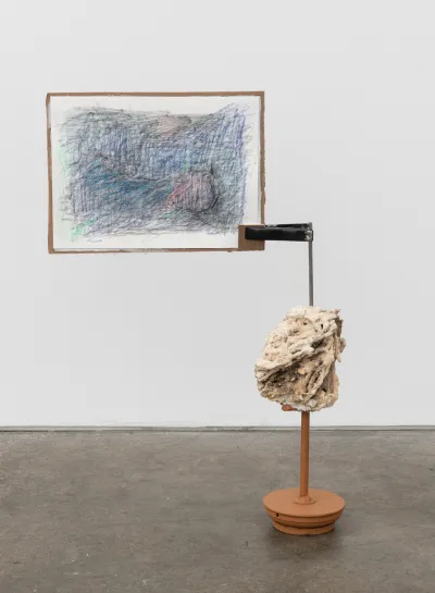 Nancy Shaver, Blue Screen with Scribble Drawing, 2021, bleached coral, metal, wood, cardboard, paper, pencil, Flashe acrylic, 27 x 18 x 6 inches