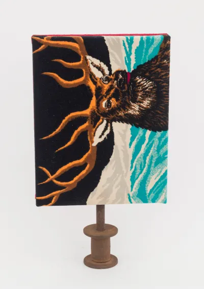 Nancy Shaver, Sentinel, 2018, wooden blocks, fabric, found spool, plumbing parts, 19.75 x 11 x 3 inches