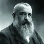 A black and white photo shows French Impressionist painter Claude Monet.
