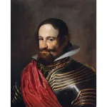 A 17th-century full-bust painting of a man with a beard in black armor with a red sash.