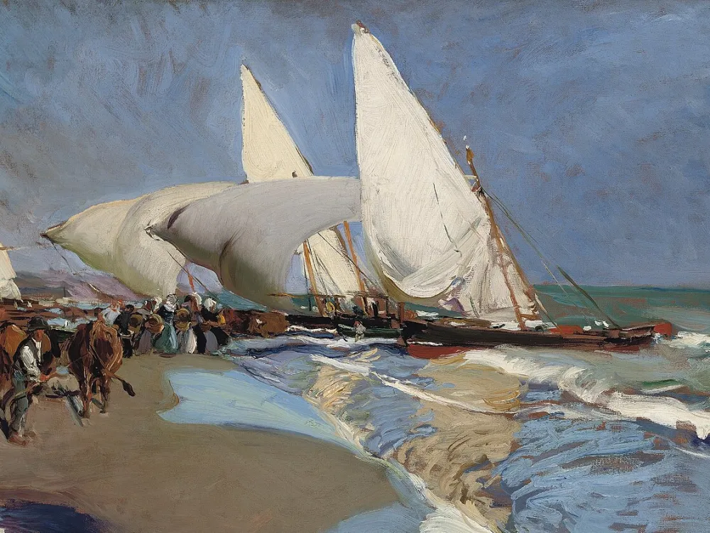 paining of sailboats along a beach