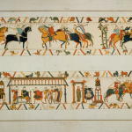 In a scene from the Bayeux Tapestry, William the Conqueror (c.1027 - 1087) rescues the future King Harold II (c.1022 - 1066) from captivity in France and betrothes his daughter Aelfgifu to him, 1064. The tapestry is housed in the town of Bayeux in Normandy. (Photo by Hulton Archive/Getty Images)