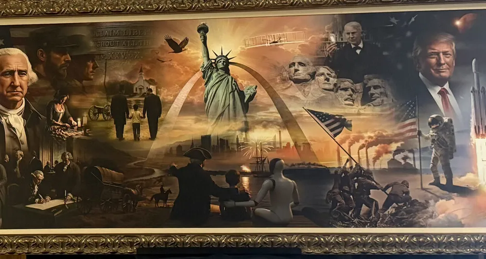 A long painting featuring presidents, the Statue of Liberty, soldiers planting a flag, a rocket ship flying, and more.