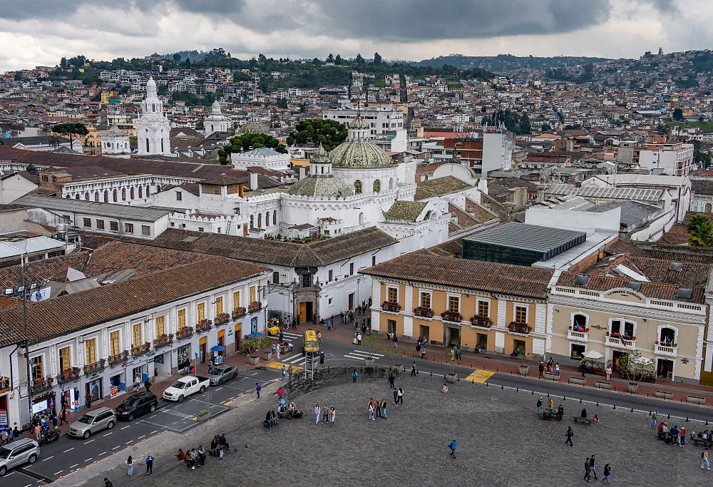 View of the city of Quito from the bell tower of the San Francisco Church in Quito, Ecuador. At left is the bell tower of the Metropolitan Cathedral, with the domes of the Church of the Society of Jesus at center. (Photo by: Jon G. Fuller / VWPics/ Universal Images Group via Getty Images)