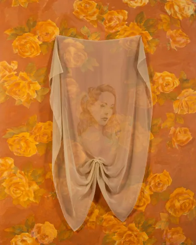 A painting of a woman on a bunched piece of fabric pinned to a floral wallpaper.