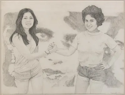 A drawing showing two young girls who hold hands and smile. Superimposed over them are two people