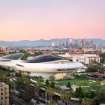 View of the Lucas Museum with the LA skyline in the background.