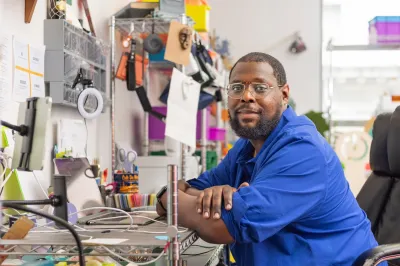 Damien Davis, winner of the 2026 Rabkin Prize, in his Newark, NJ studio. Photo by Kevin J. Miyazaki/The Rabkin Foundation