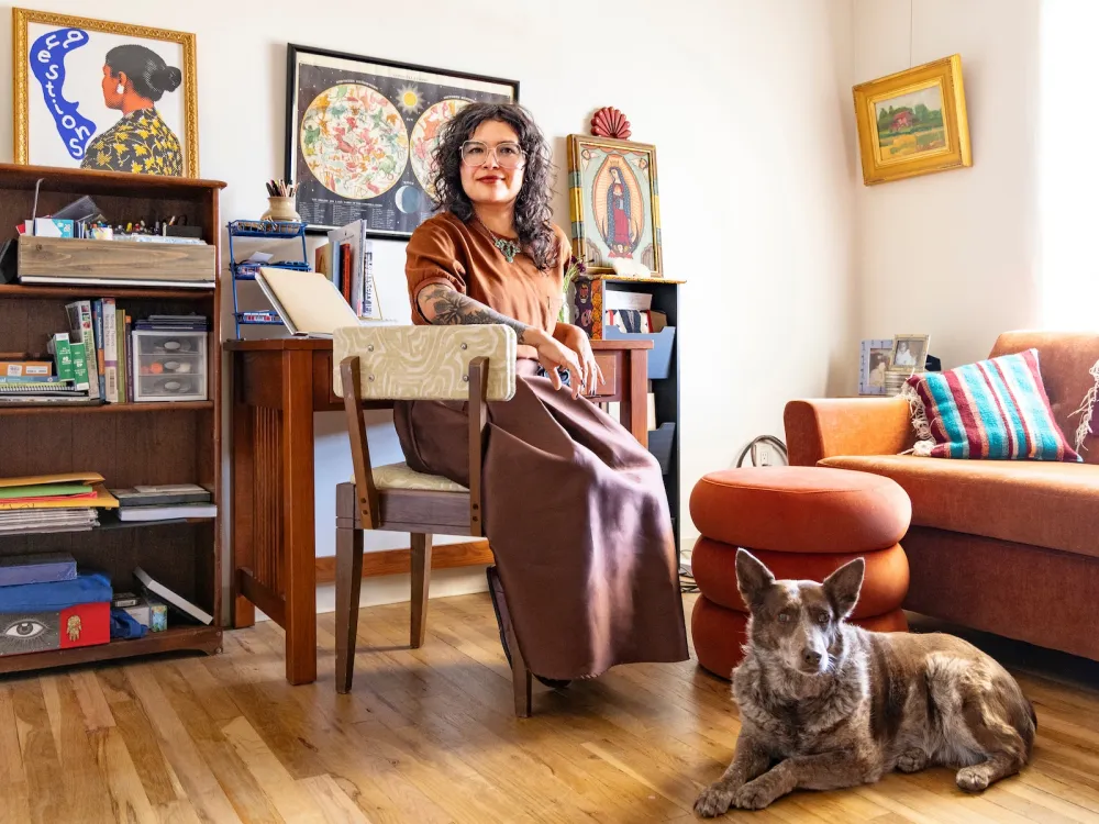 Alicia Inez Guzman, winner of the 2026 Rabkin Prize, in her Chimayo, NM home office.. Photo by Kevin J. Miyazaki/The Rabkin Foundation
