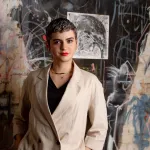 Portrait of Vivian Zavataro, standing in front of an abstract painting.