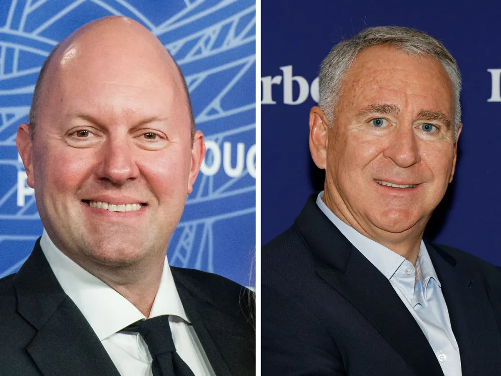Composite image of Marc Andreessen (left) and Kenneth C. Griffin on step-repeats.