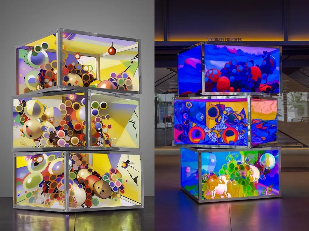 Two views of a stacked structure with screens showing colorful orbs.
