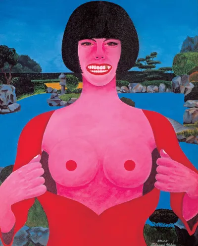 A painting of a woman with a black bob and pink skin. She shows her breasts and has a gold tooth. A pond with greeny is behind her.