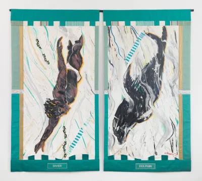 Two paintings on textiles of a diver and a dolphin.