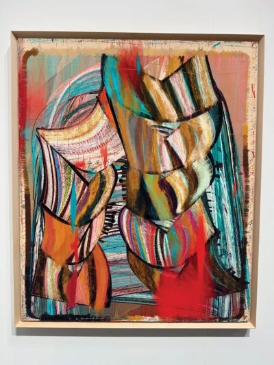 An abstract painting showing two columns of various marks.