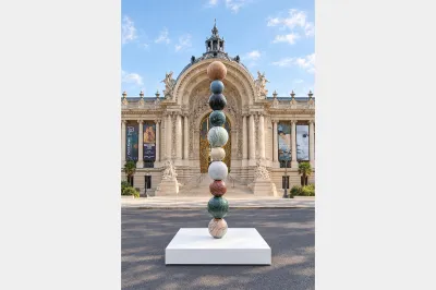 A photo shows a 14-foot-high sculpture consisting of ten stacked spheres in various kinds of stone, standing on a white based outside the Petit Palais, a grand classical building in Paris.