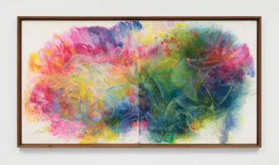 An abstract painting with greens, blues, yellows, pinks, and more.