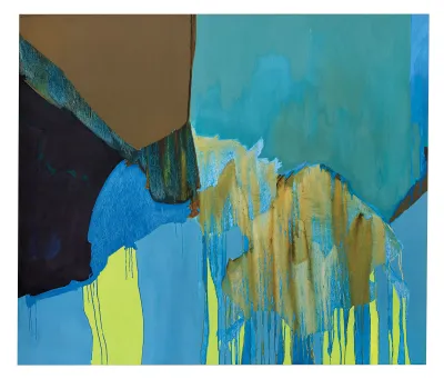 An abstract painting that is mostly blue but has sections of brown, black, ochre, and lime green.