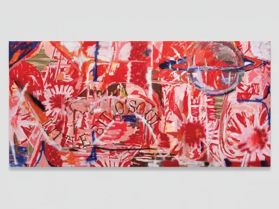 A semi-abstract painting mostly in red that reads 