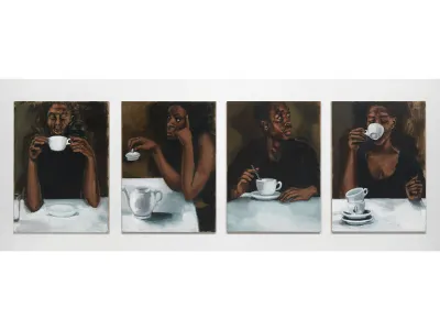 A four-panel painting showing Black people drinking tea.