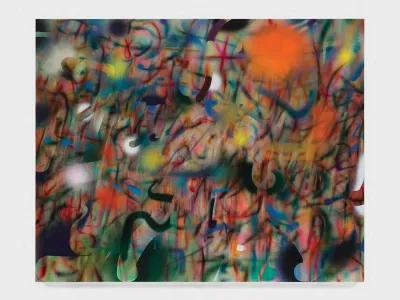A colorful abstract painting with various marks throughout.