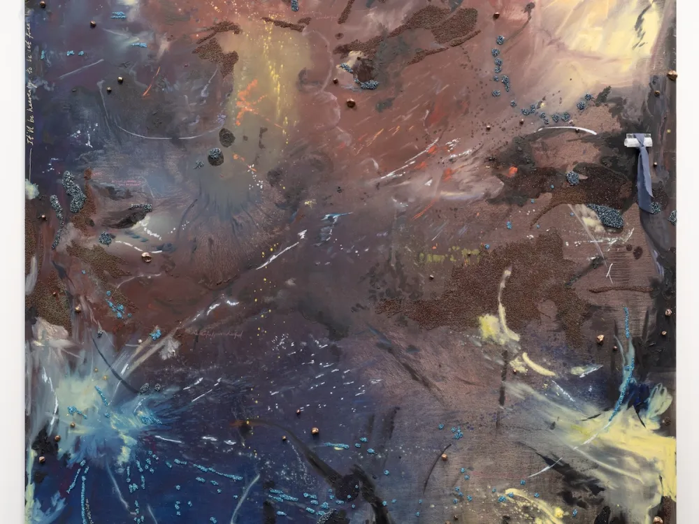 An abstract painting featuring drippy bursts of blue, white, and green.