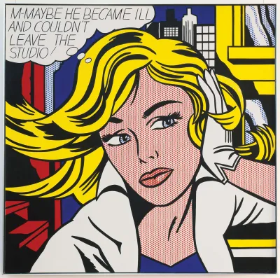 A Lichtenstein painting of a girl done in a comic book-style with a thought bubble 