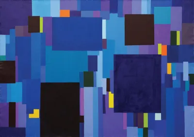 An abstract painting of various colored rectangles on top of each other; they are mostly shades of blue and purple.